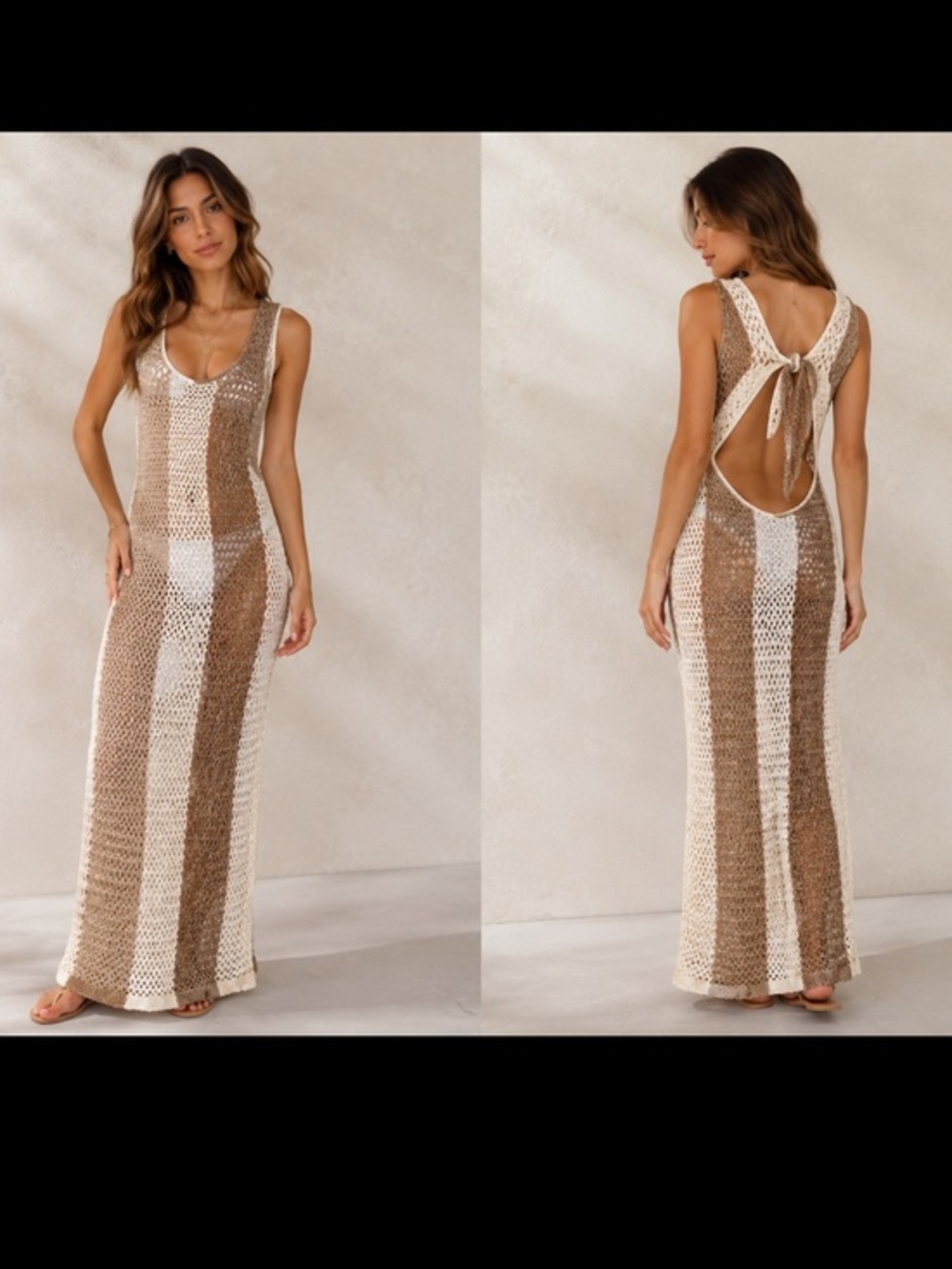 Women’s Crochet Open-Knit Maxi Dress Neutral Stripe Size XS